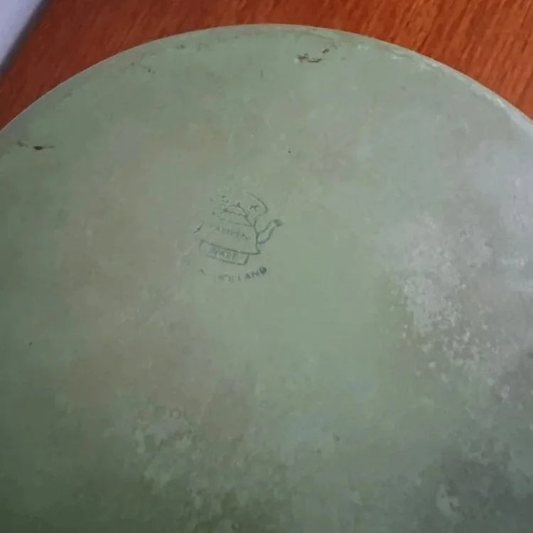 Vintage mid century rustic green enamel Kampenware pan