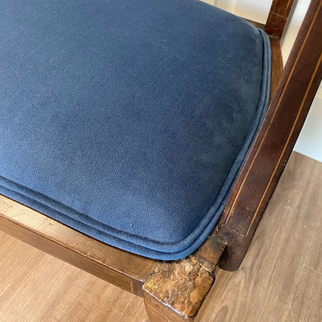 Antique Edwardian refurbished mahogany inlaid marquetry love seat settee with blue velvet seat