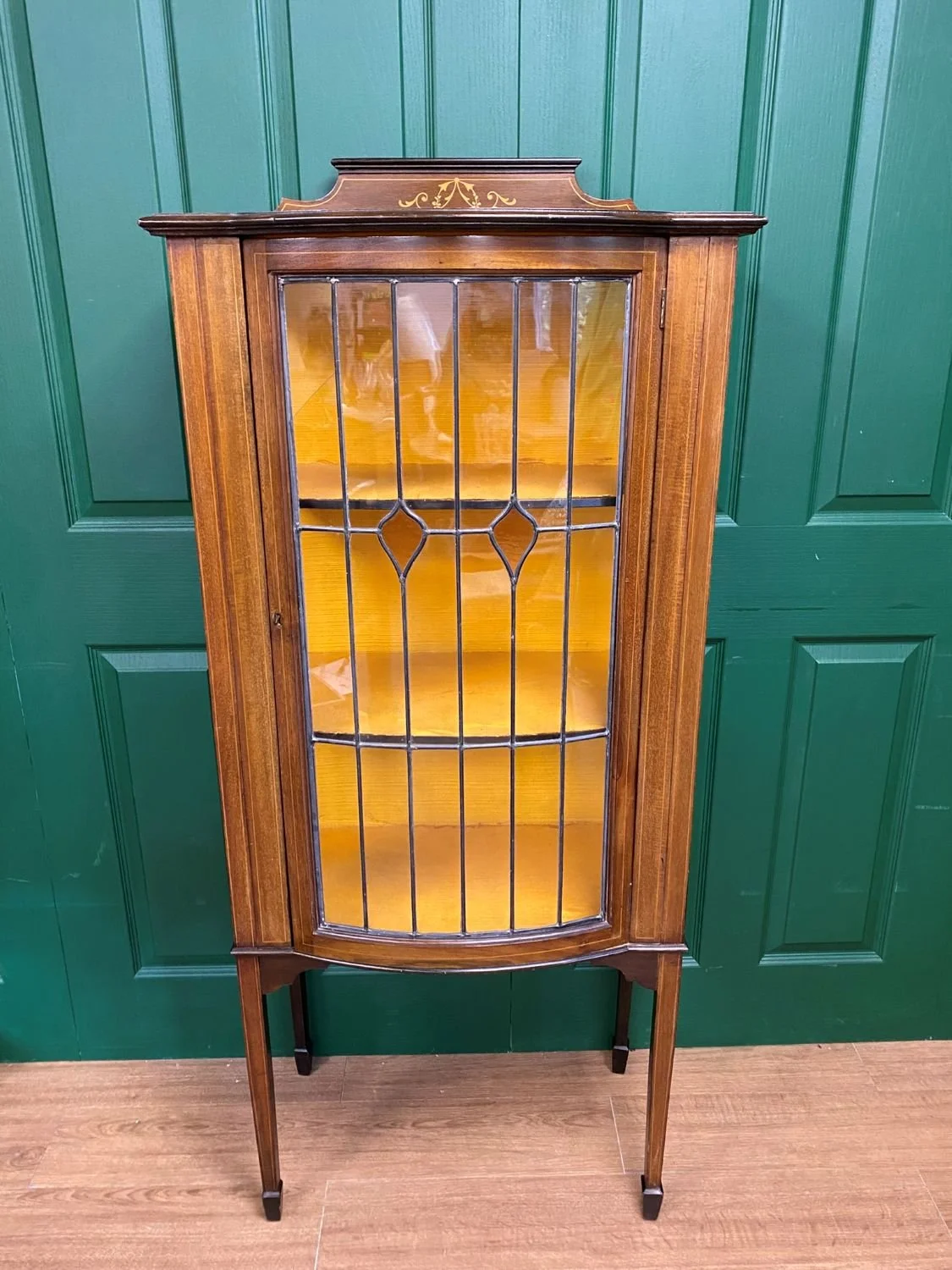 Antique Edwardian Mahogany Inlaid Marquetry Bow Fronted Glazed Display Cabinet with Amber Stained Glass Leaded Glazed Door