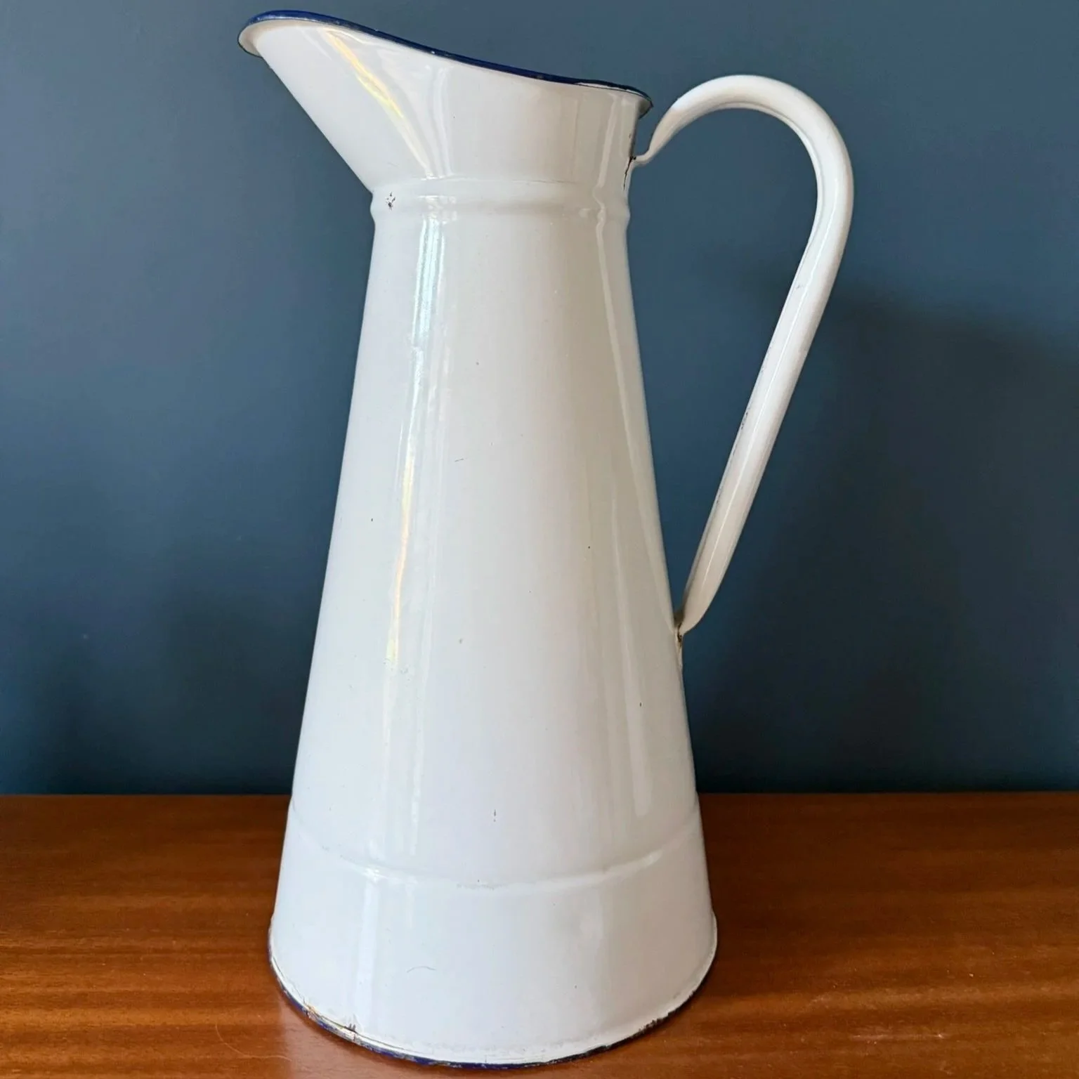 Vintage French extra large white enamelled pitcher jug with blue rim mid century rustic