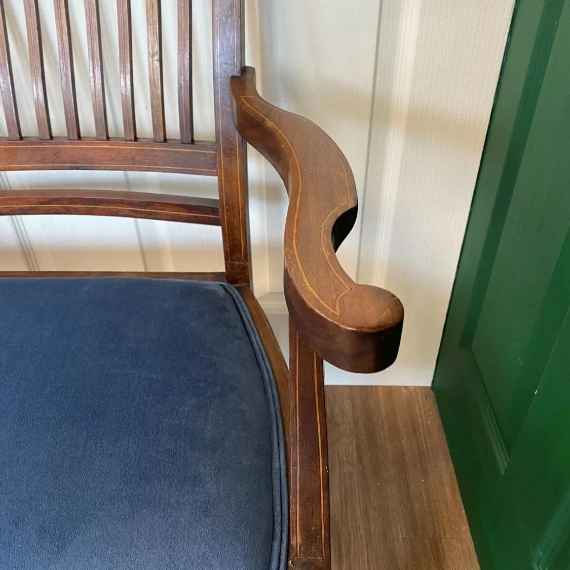 Antique Edwardian refurbished mahogany inlaid marquetry love seat settee with blue velvet seat