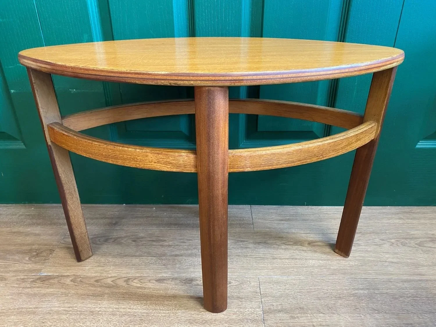 Mid century 1960s Danish style teak Nathan Trinity circular glass coffee table nest of tables