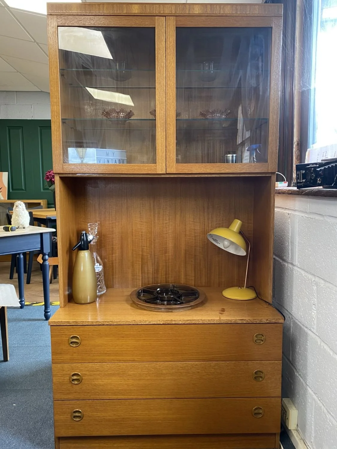 Mid century teak German Mobel glazed wall cabinet