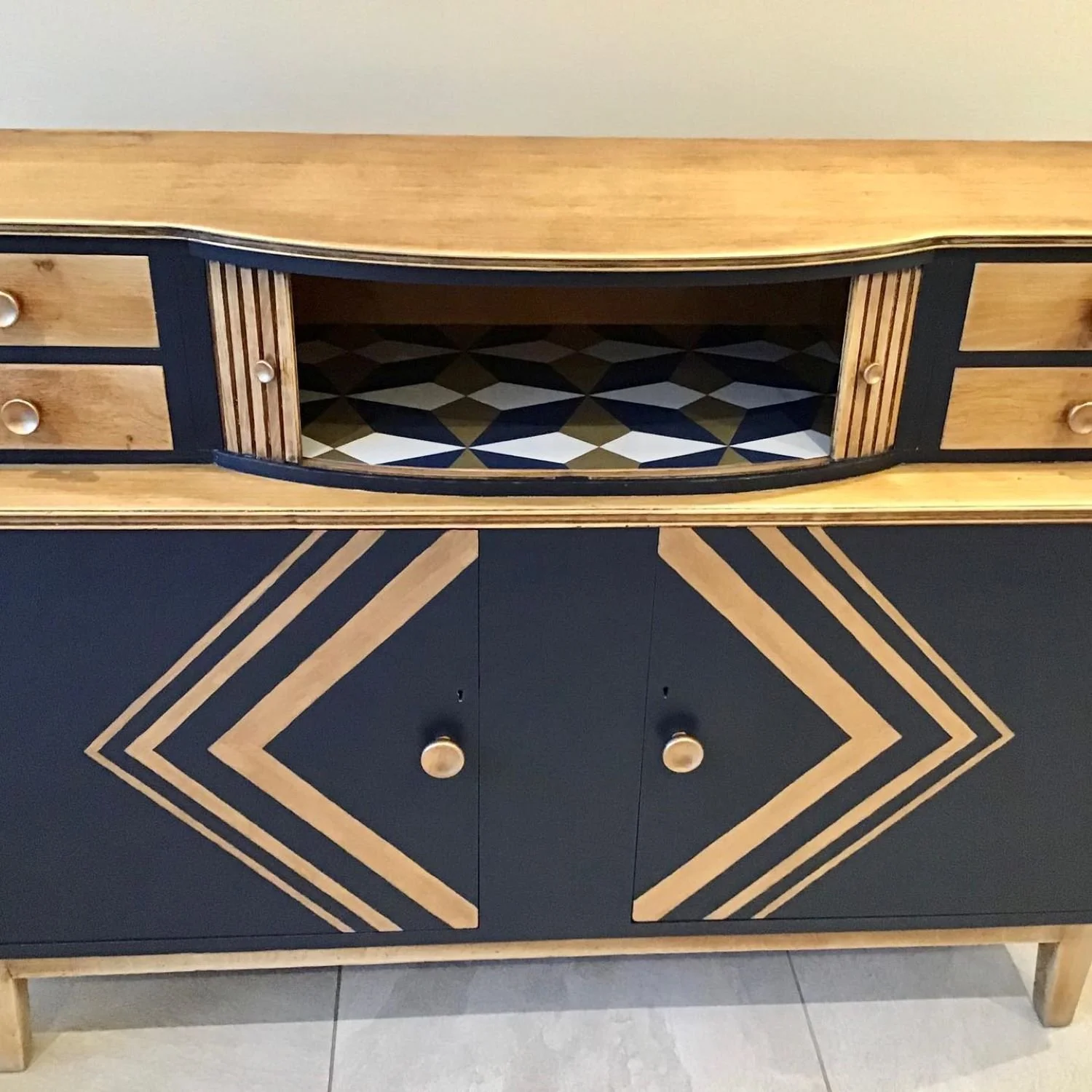 navy blue and copper geometric sideboard