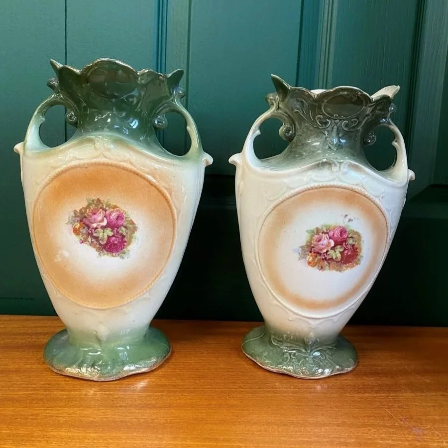 Pair of Antique Victorian WA & L Pottery Mantle Vases Green