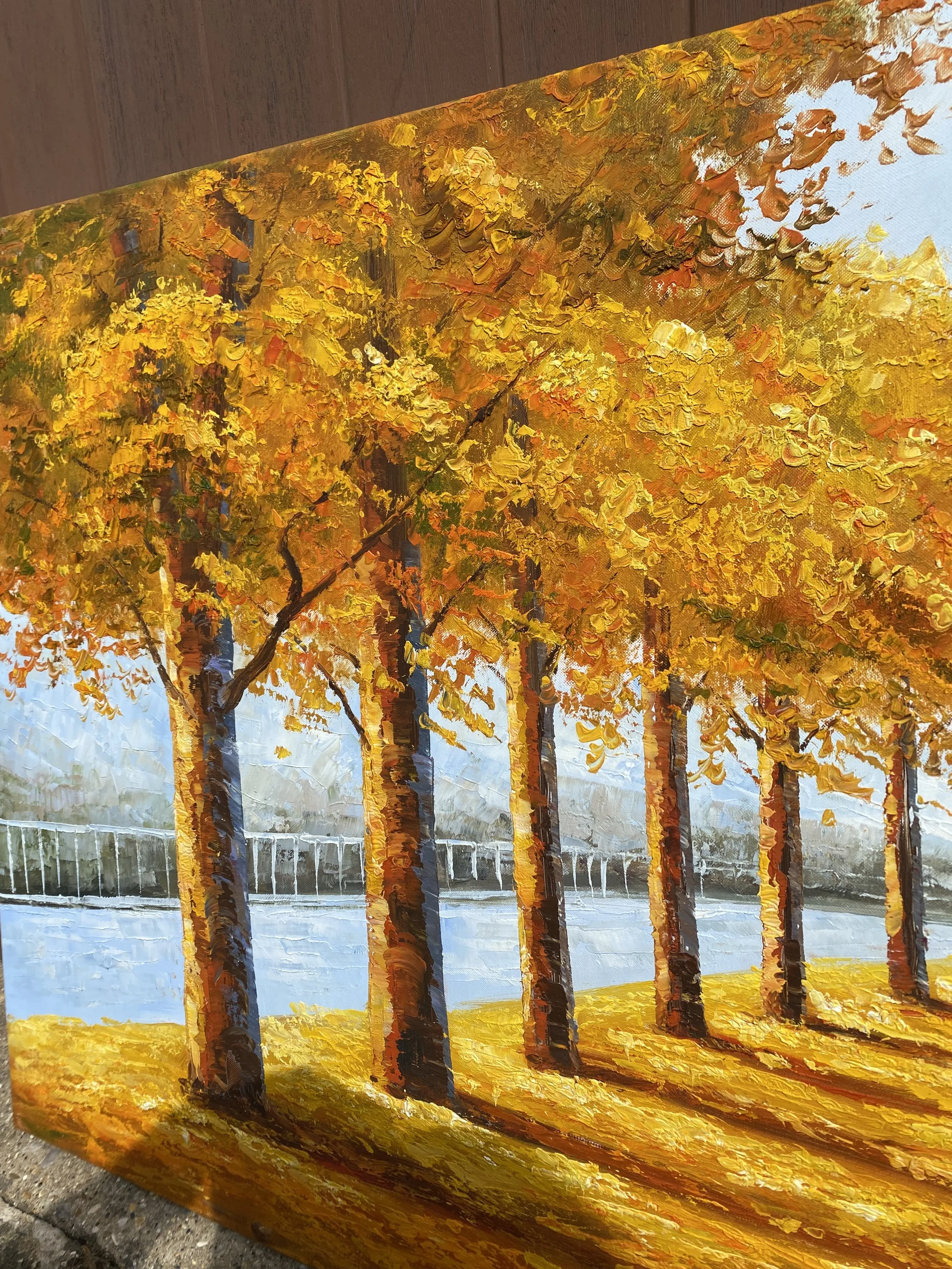 Thai Original Oil Painting Landscape, Autumn Trees, 48" x 24"