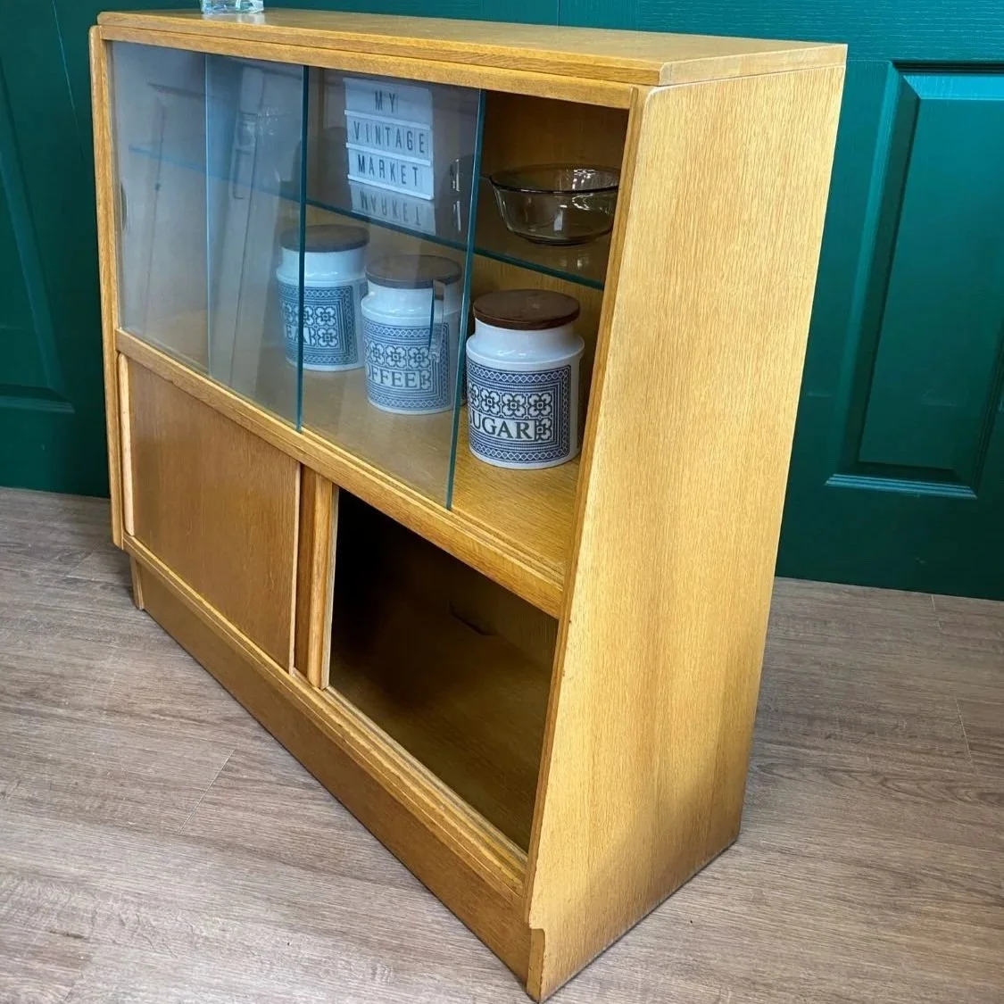 Mid century G Plan E Gomme Brandon glazed cabinet sliding doors light oak