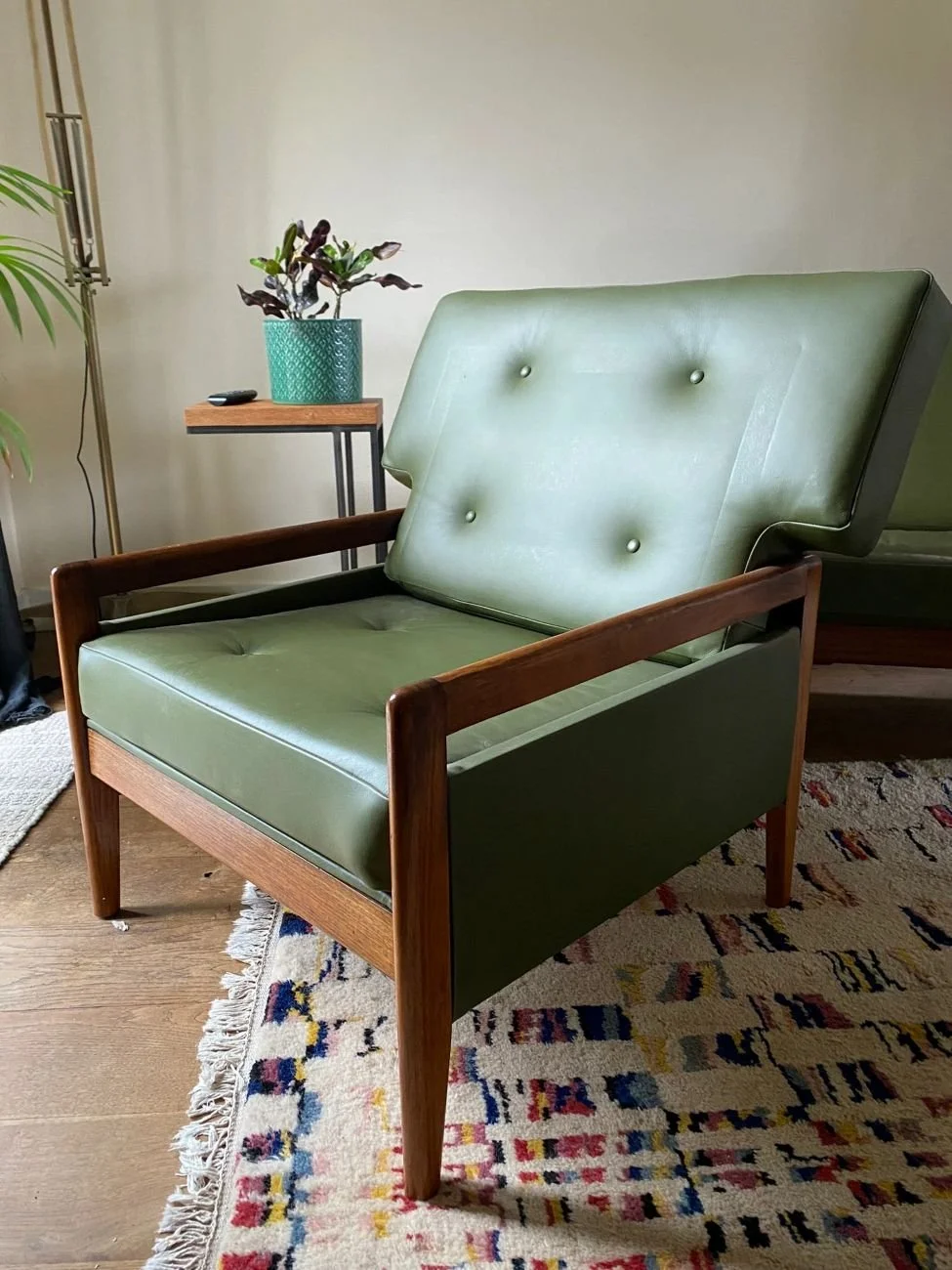 Mid century Heals teak afromosia armchair, olive green, 1960s Danish style