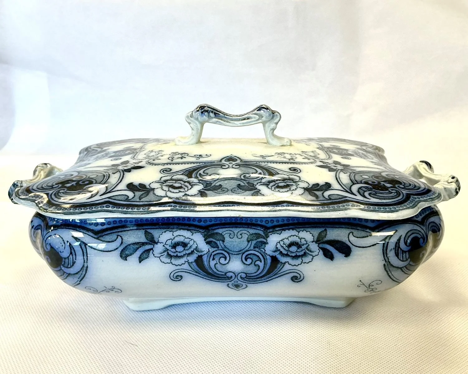 Antique bone china blue and white flower design lidded serving dish