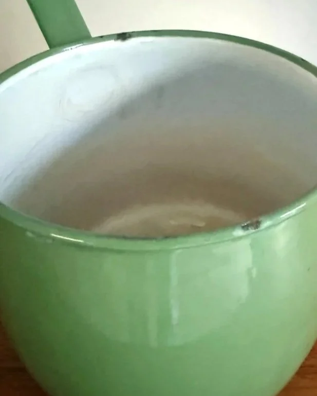 Vintage mid century rustic green enamel Kampenware pan