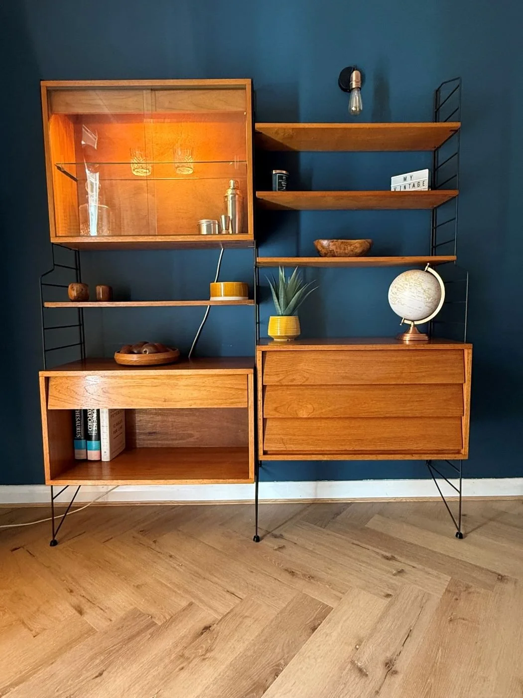 Restored mid century 1960s teak Brianco two bay modular wall unit shelving system