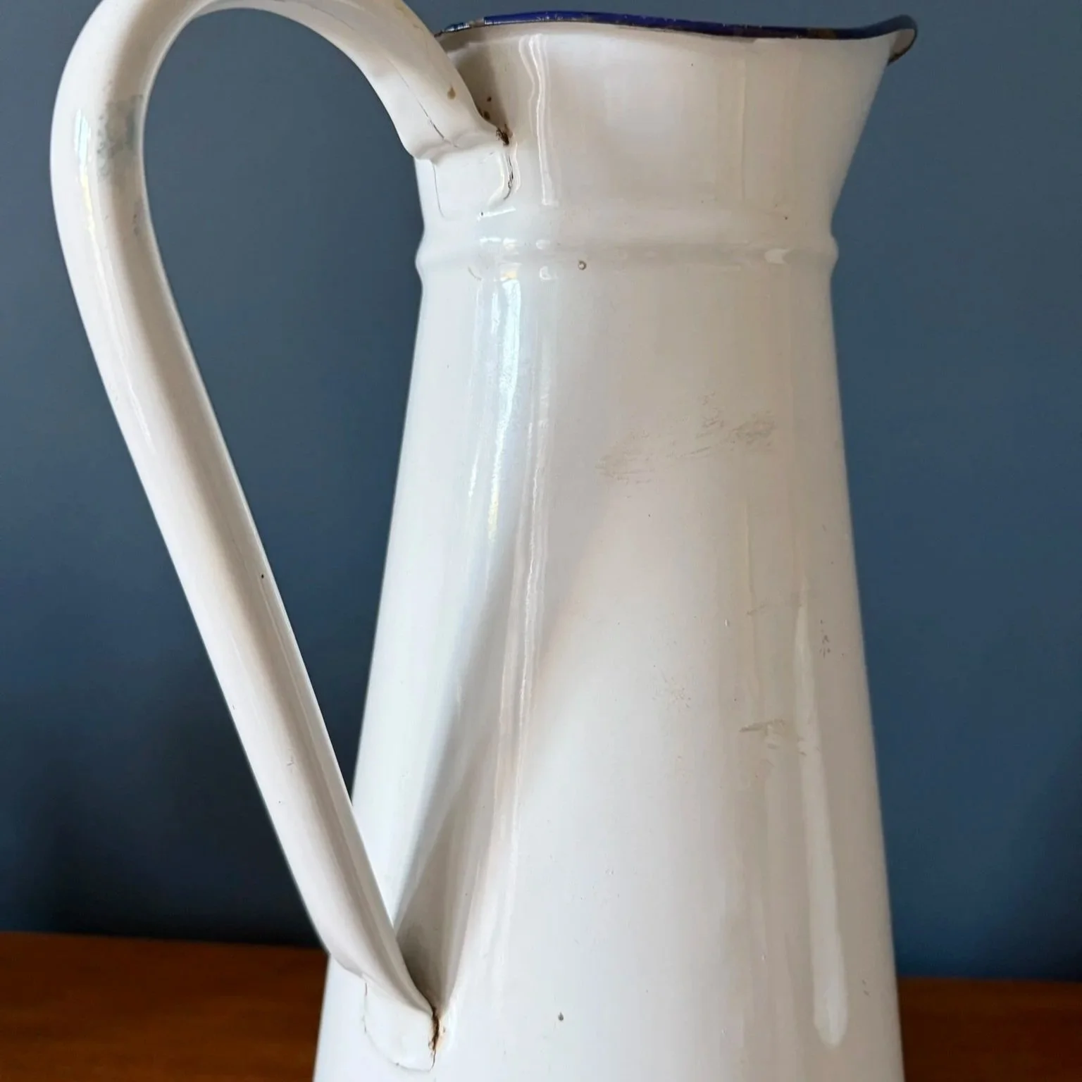 Vintage French extra large white enamelled pitcher jug with blue rim mid century rustic