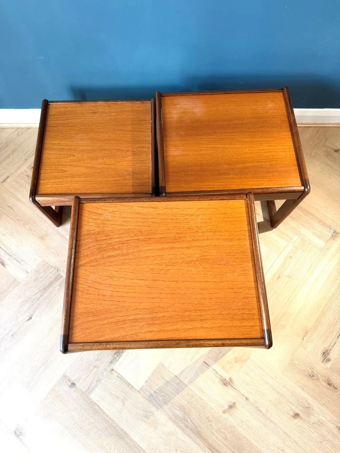 Mid century 1960s teak nest of three coffee side tables by Avalon