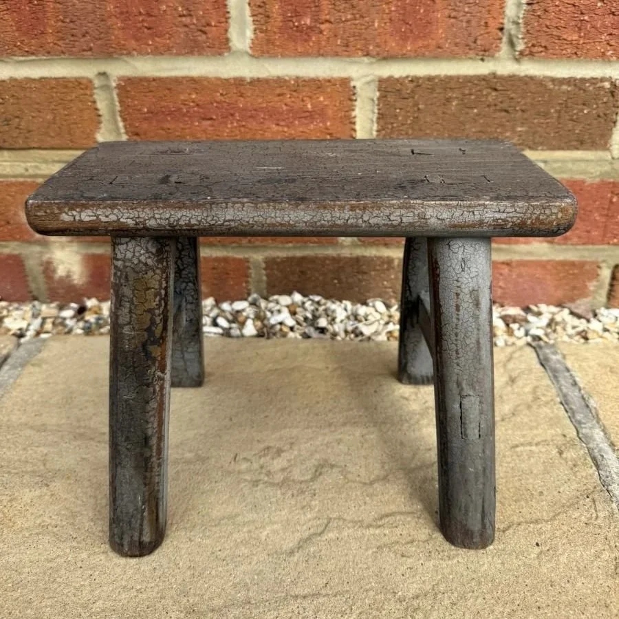 Small vintage wooden milking stool paint washed with crazed effect