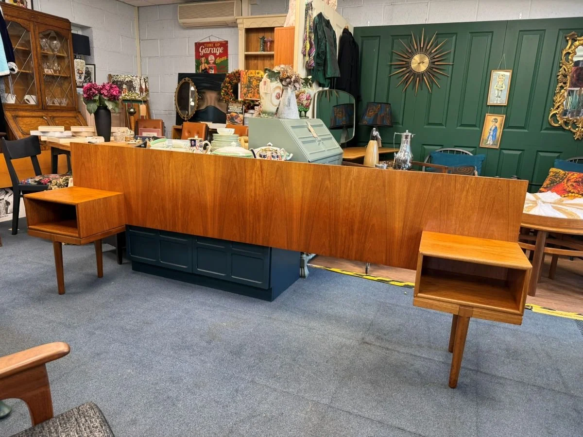 Vintage mid century 1960s Danish style teak headboard bedside table unit