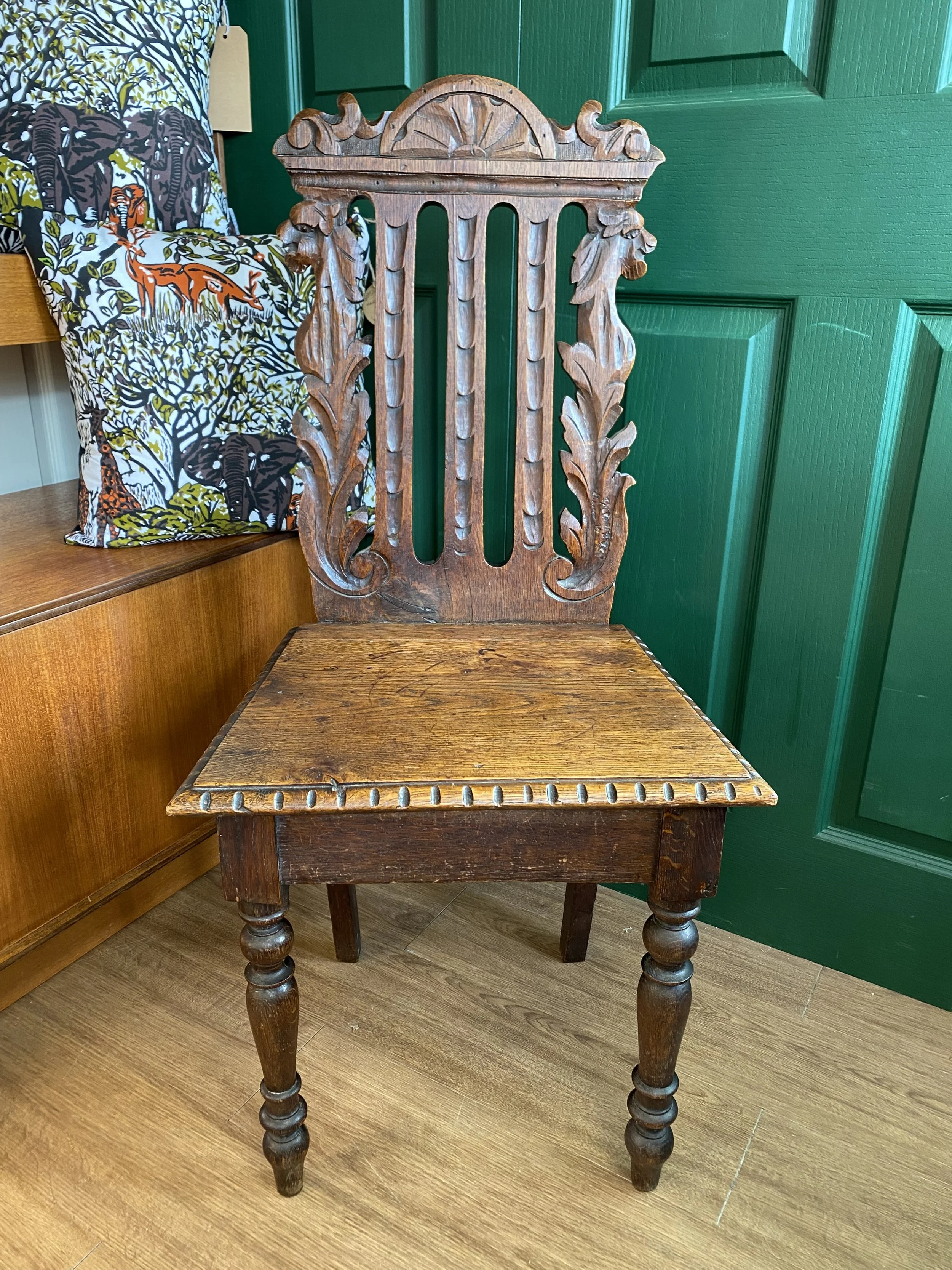 Antique Victorian solid oak carved hall chair