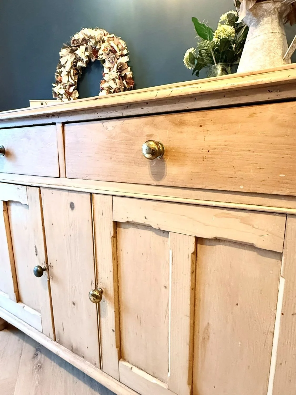 Antique Victorian rustic farmhouse pine sideboard dresser brass handles