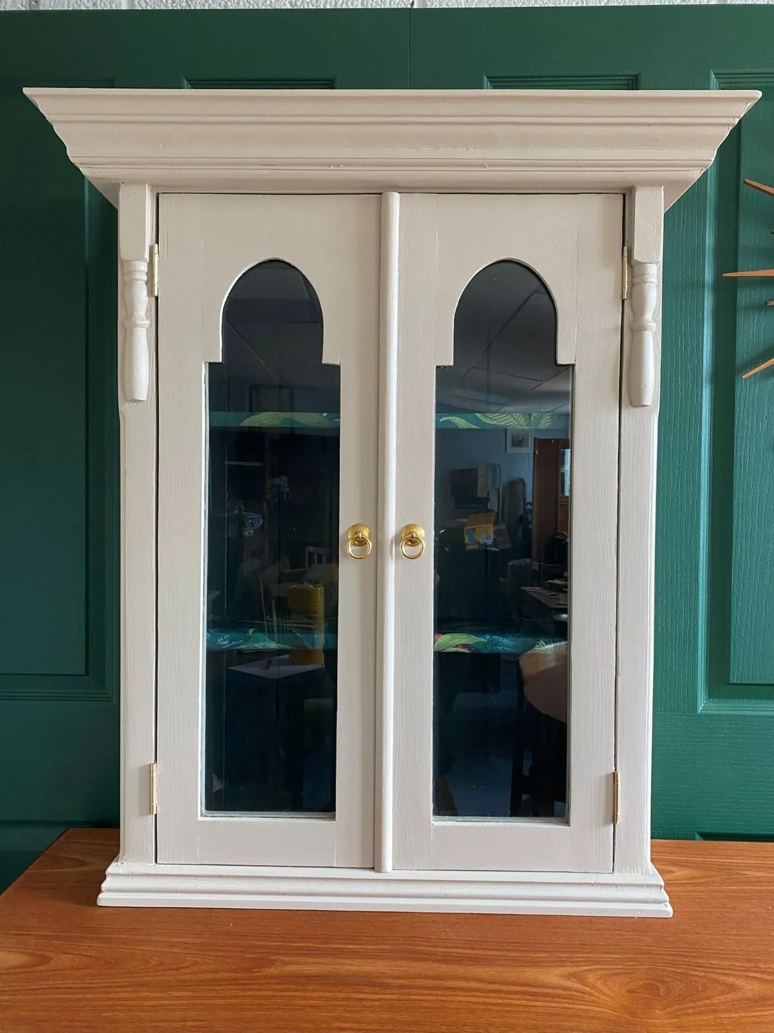 Refurbished vintage pine glazed wall cabinet cream green