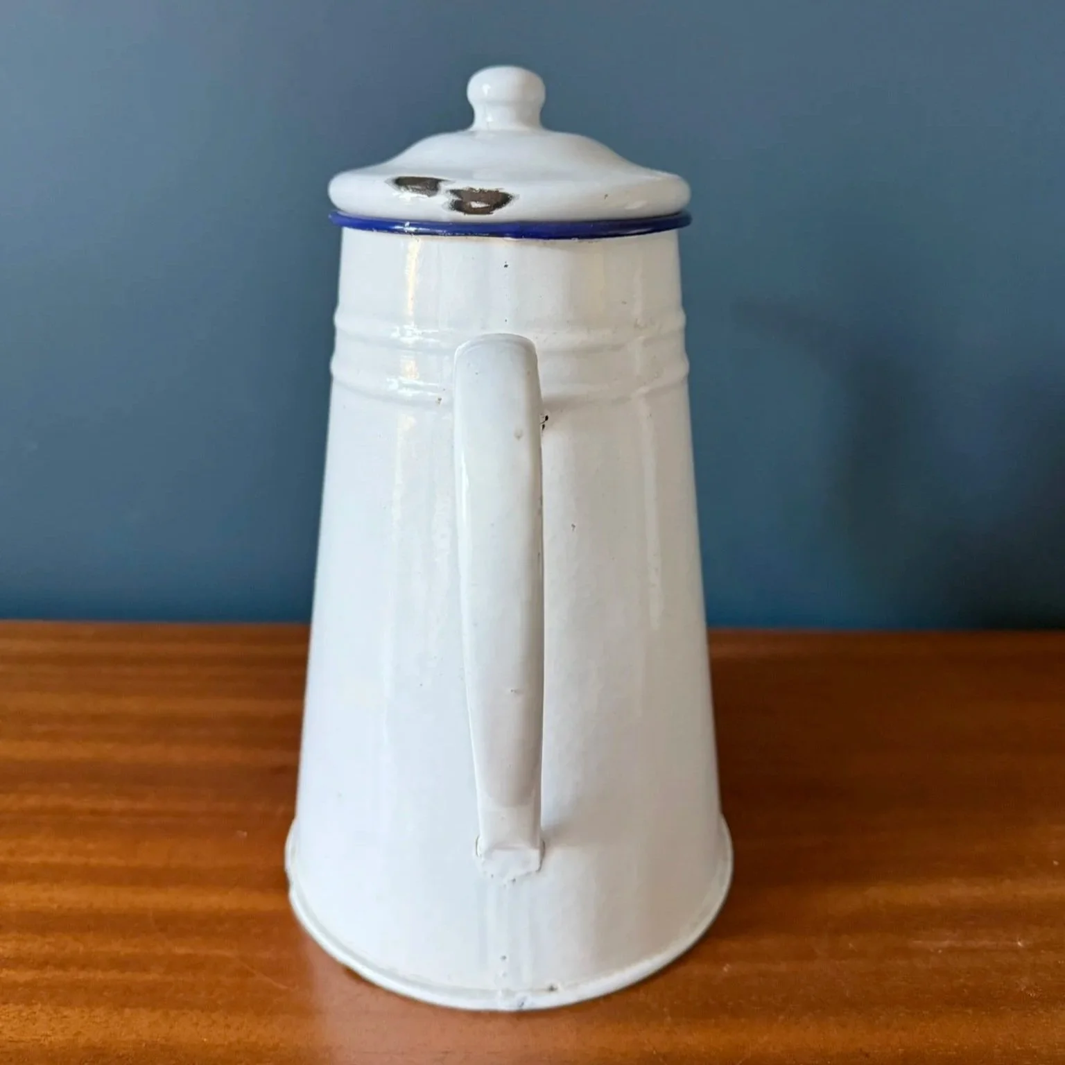 Vintage French white enamelled lidded coffee pot with blue rim mid century rustic