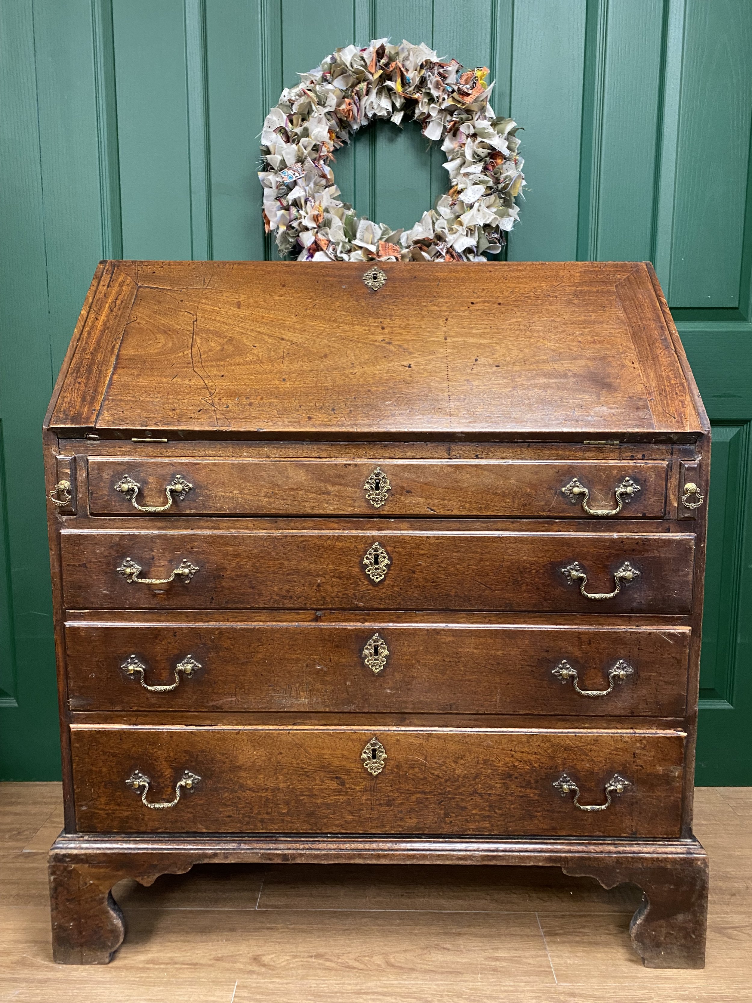 Antique 18th Century George III Solid Mahogany Bureau, Intricate Interior