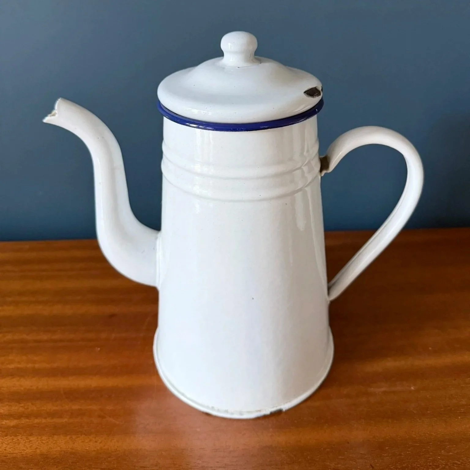 Vintage French white enamelled lidded coffee pot with blue rim mid century rustic