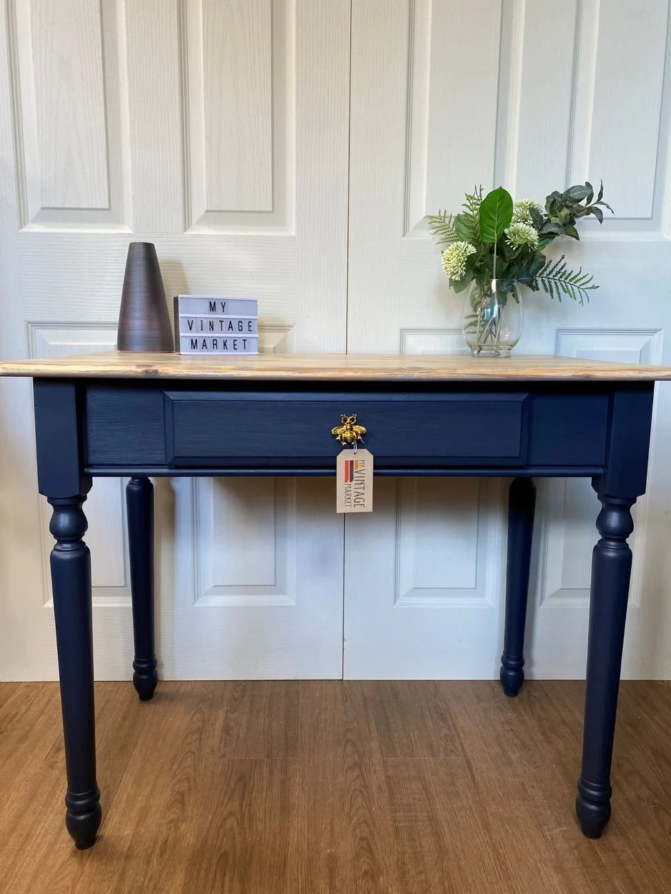 Refurbished pine console table, desk or small table, petrol blue