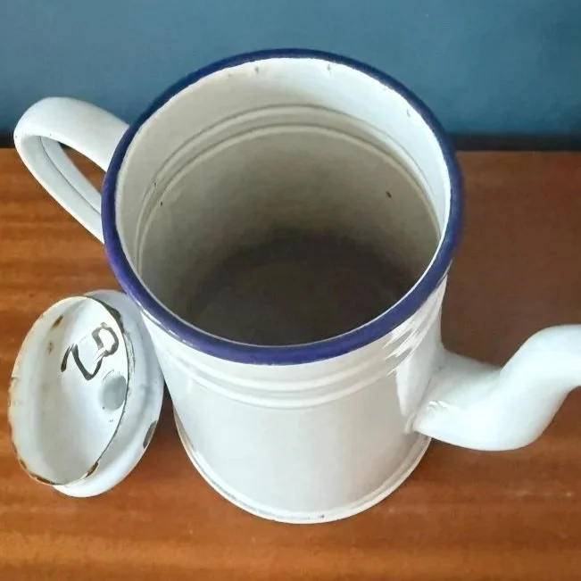 Vintage French white enamelled lidded coffee pot with blue rim mid century rustic