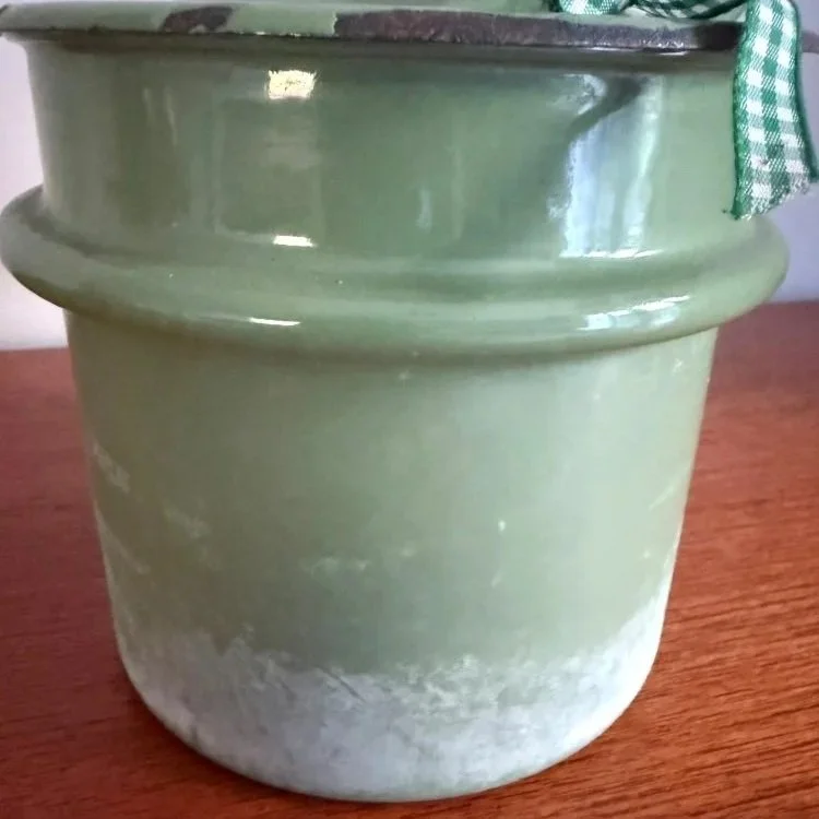 Vintage mid century rustic green enamel lidded saucepan