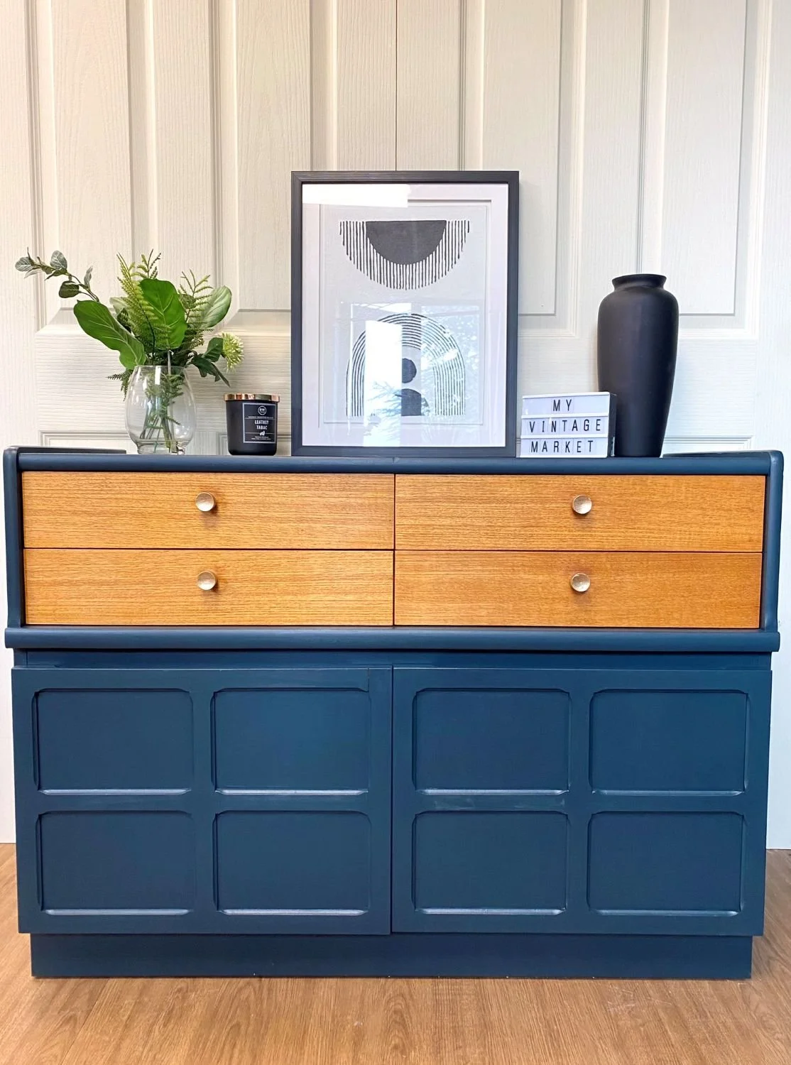 Refurbished mid century 1960s Nathan teak sideboard petrol blue