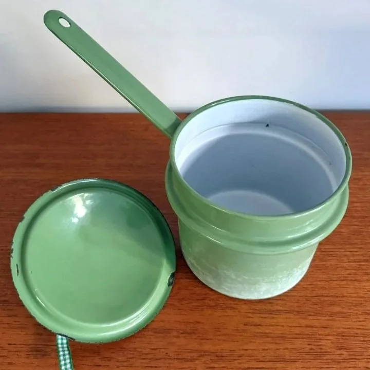 Vintage mid century rustic green enamel lidded saucepan