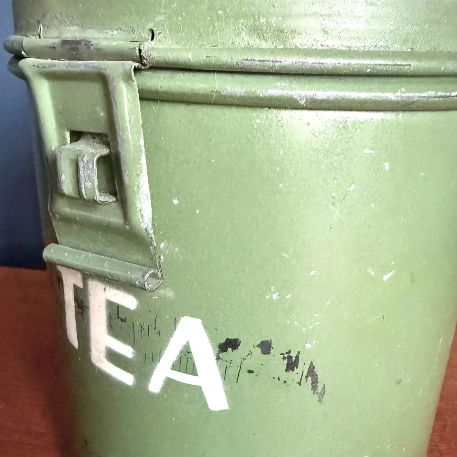 Vintage mid century rustic green enamel metal tea caddy container storage jar