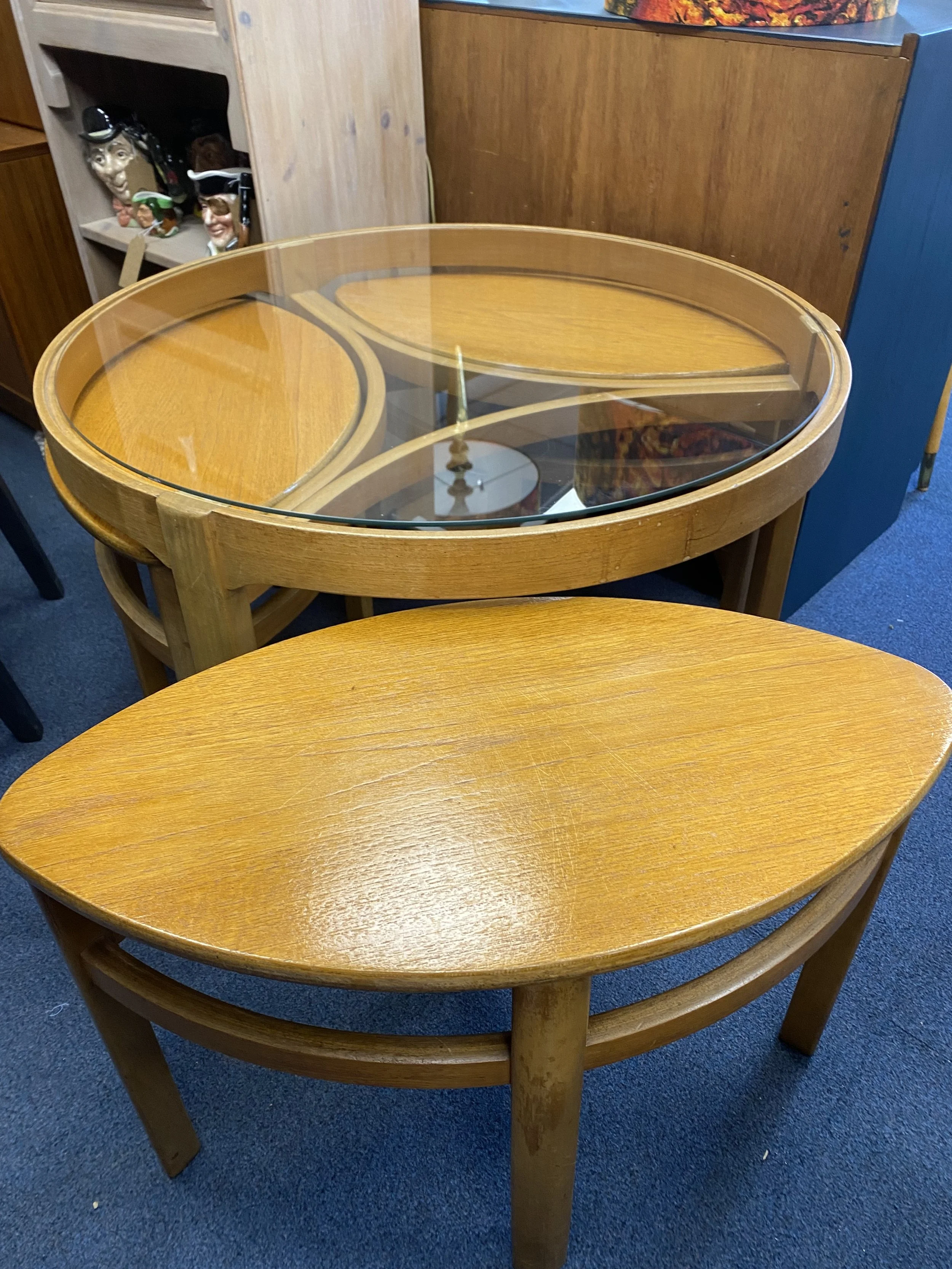 Mid century 1960s Danish style teak Nathan Trinity circular glass coffee table nest of tables