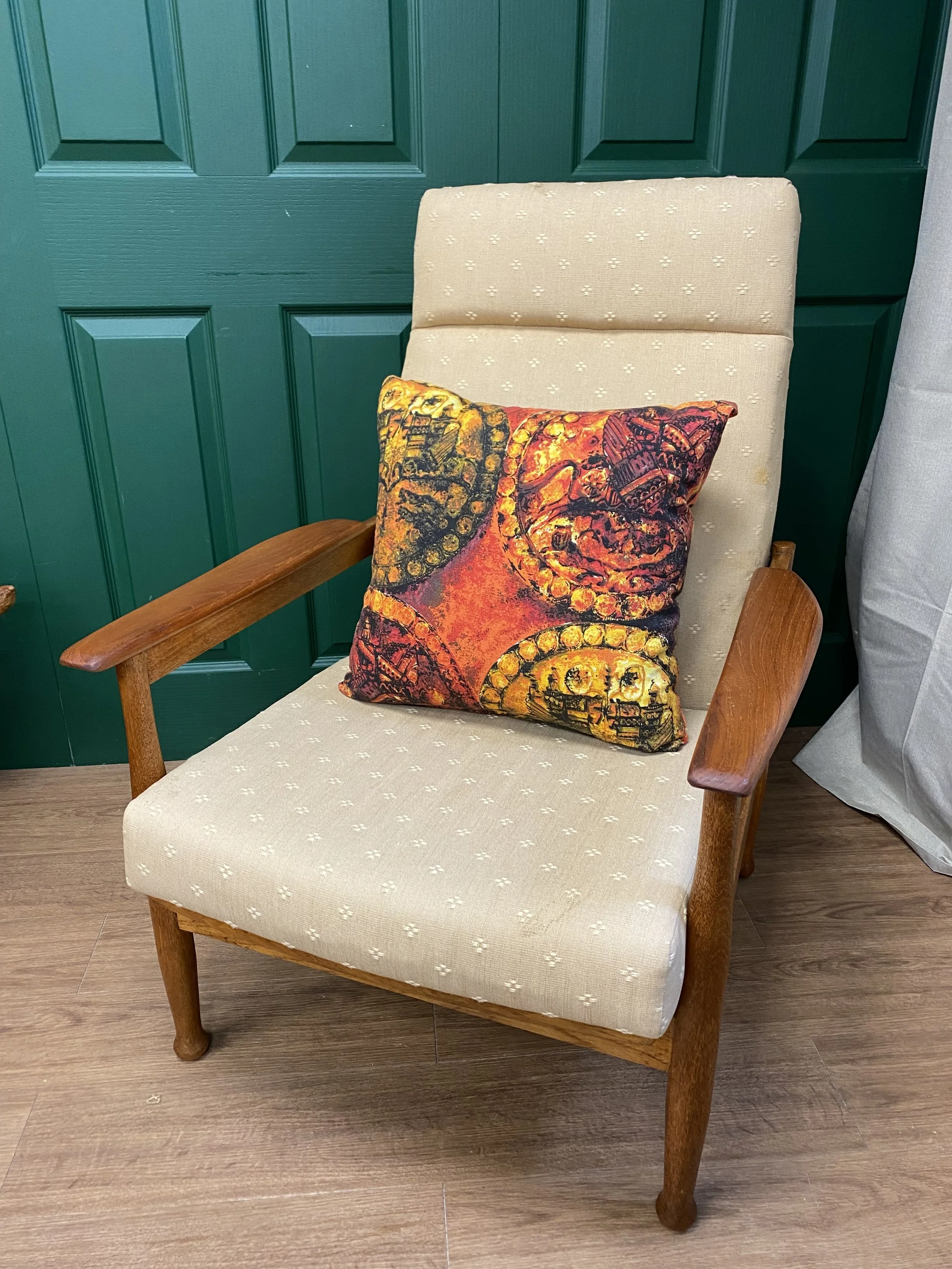 Mid century 1960s afromosia framed Guy Rogers Manhattan reclining armchair sold restored and reupholstered