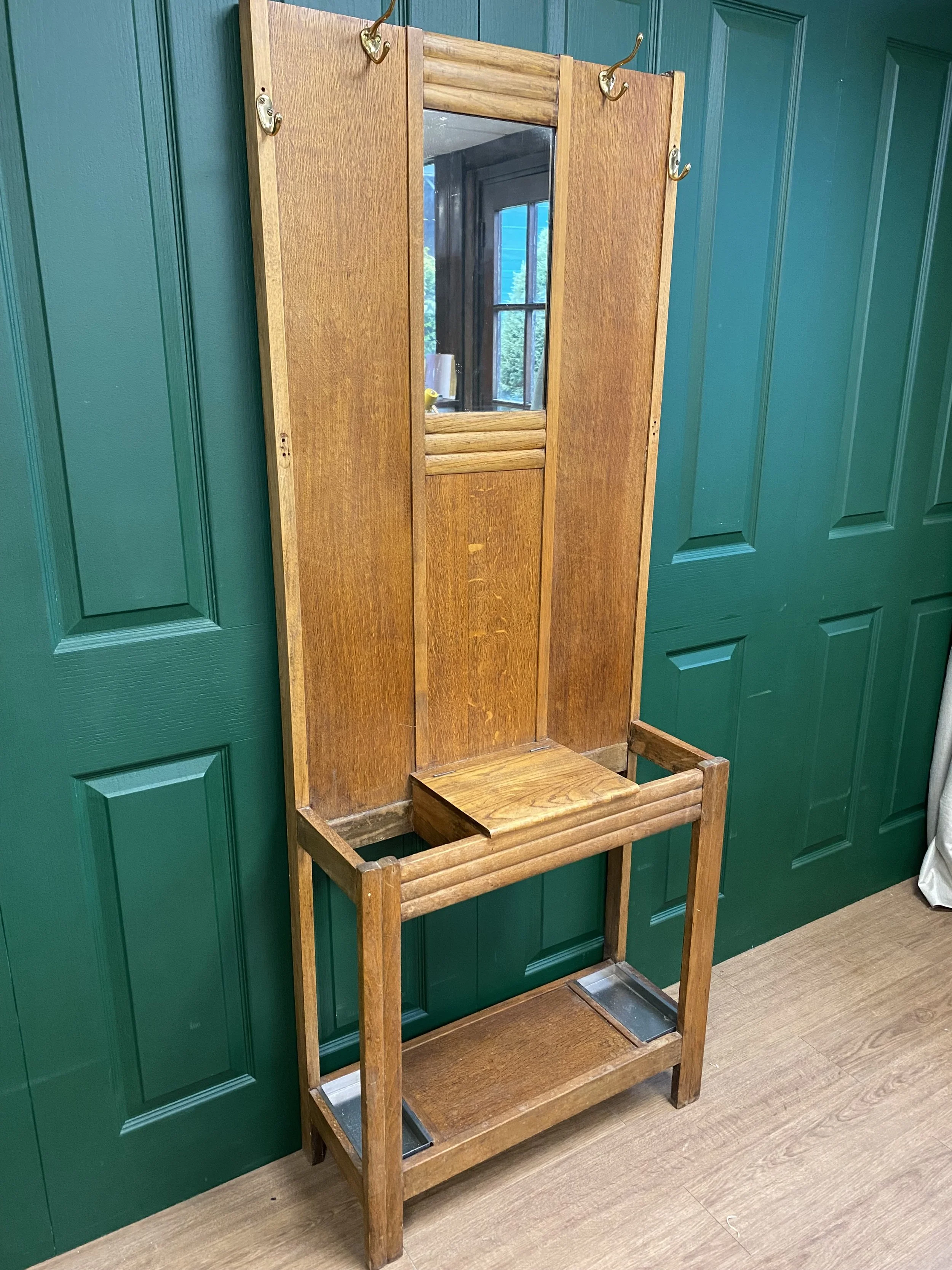 Vintage 1930s Oak Mirrored Hall Stand Coat Rack Umbrella Stand