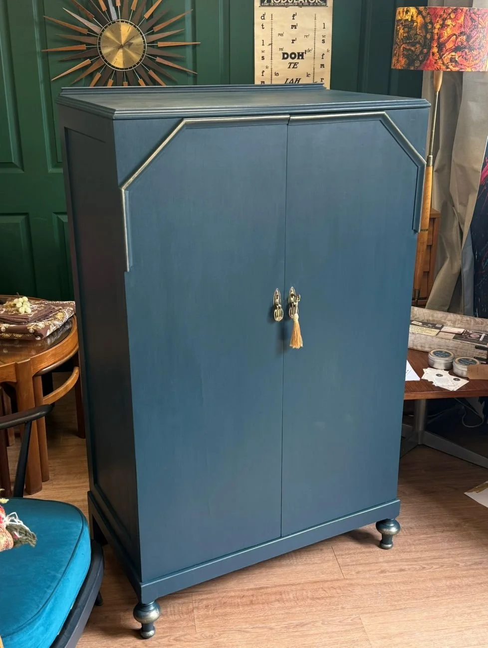 Refurbished Vintage 1930s Gentleman's Wardrobe Linen Cupboard Linen Press Petrol Blue