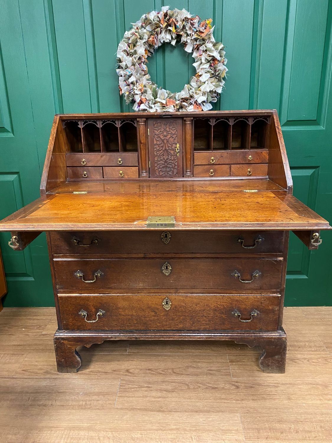 Antique 18th Century George III Solid Mahogany Bureau, Intricate Interior