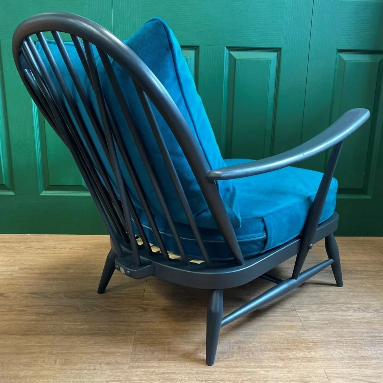 Refurbished mid century vintage Ercol Windsor armchair grey frame teal blue green velvet