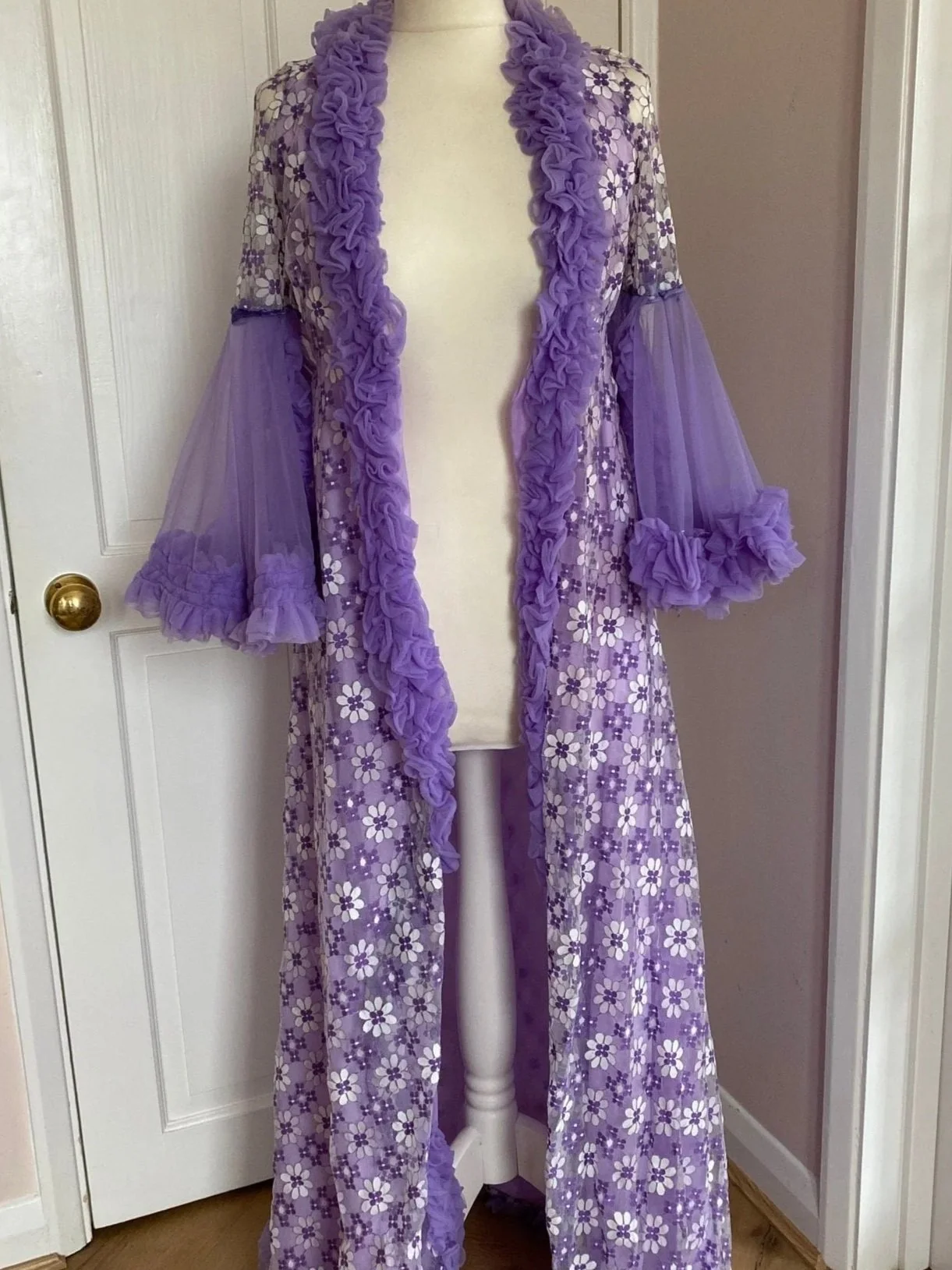 Original Vintage Handmade 1960s Floral Frill Ruffle Dressing Gown, Size 6-8, Purple