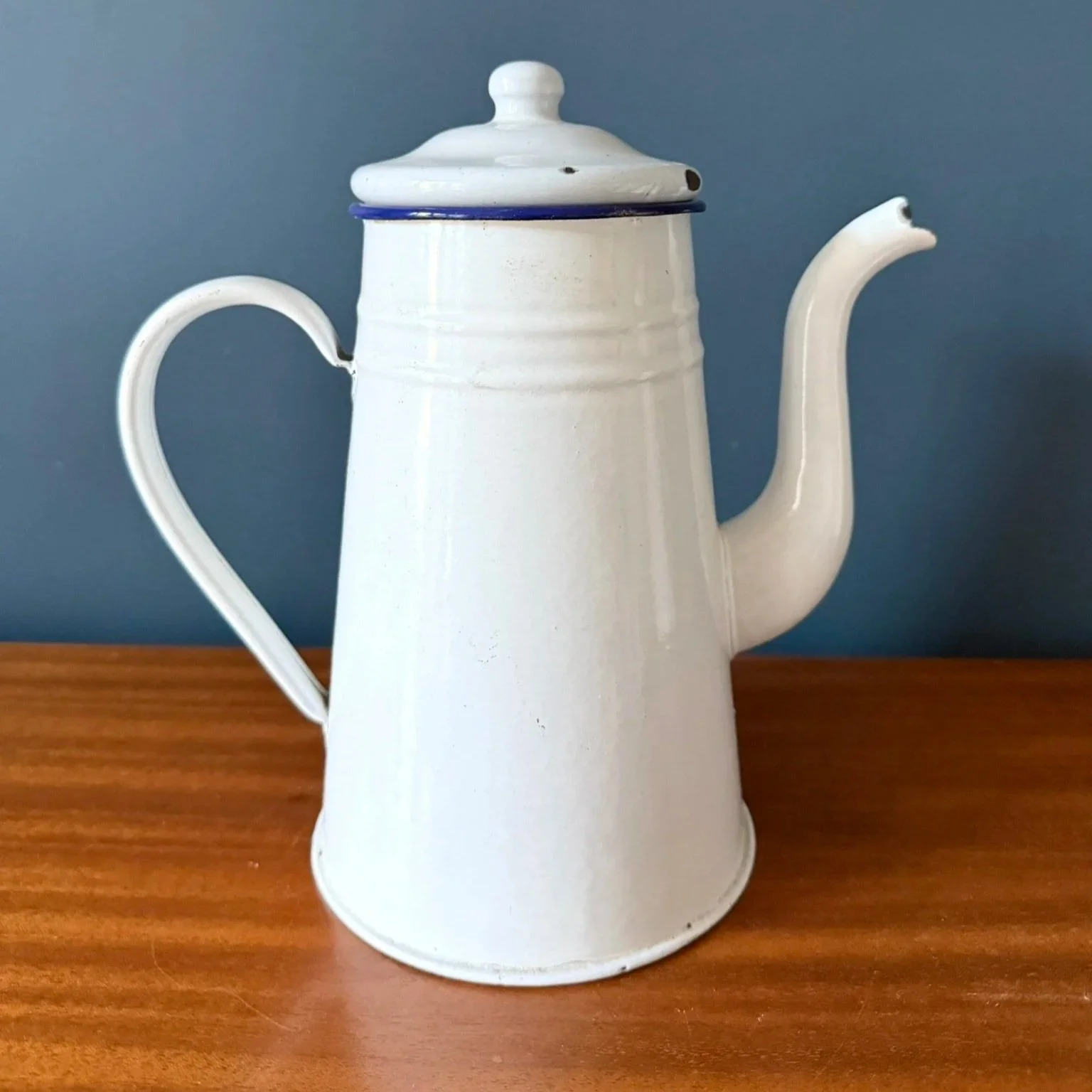 Vintage French white enamelled lidded coffee pot with blue rim mid century rustic