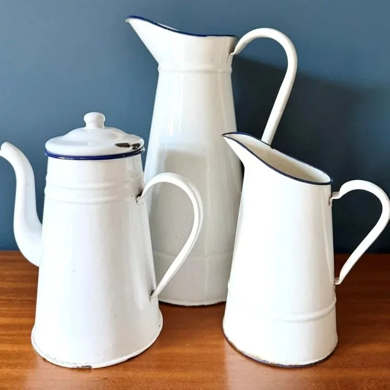 Vintage French extra large white enamelled pitcher jug with blue rim mid century rustic