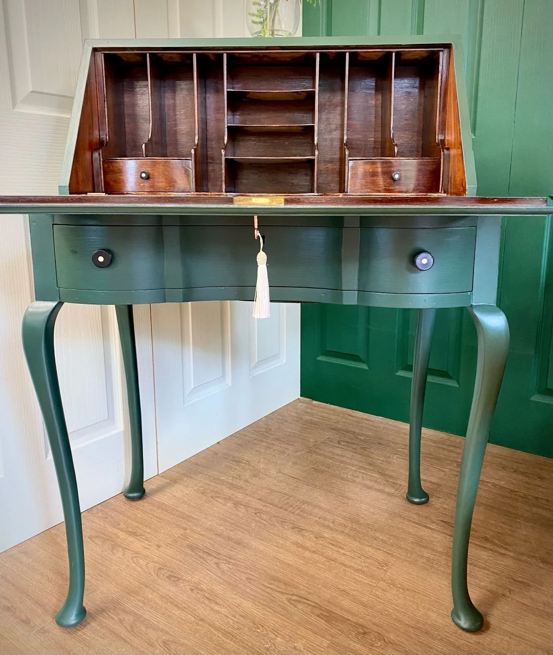 Art Deco Regency Style Dark Green Painted Vintage Mahogany Bureau Writing Desk Cabriole Legs Bakelite Handles