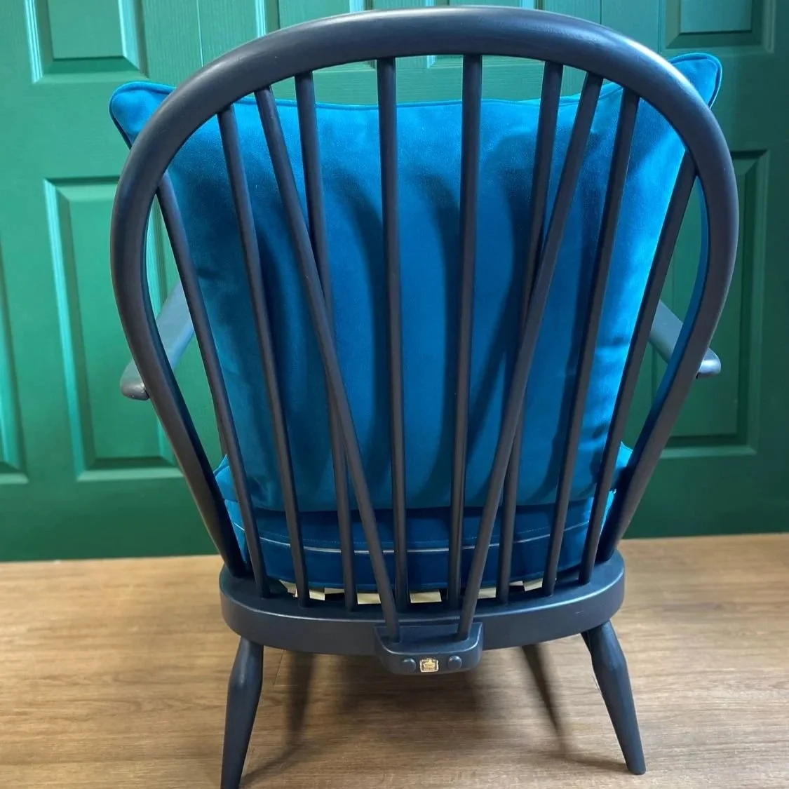 Refurbished mid century vintage Ercol Windsor armchair grey frame teal blue green velvet