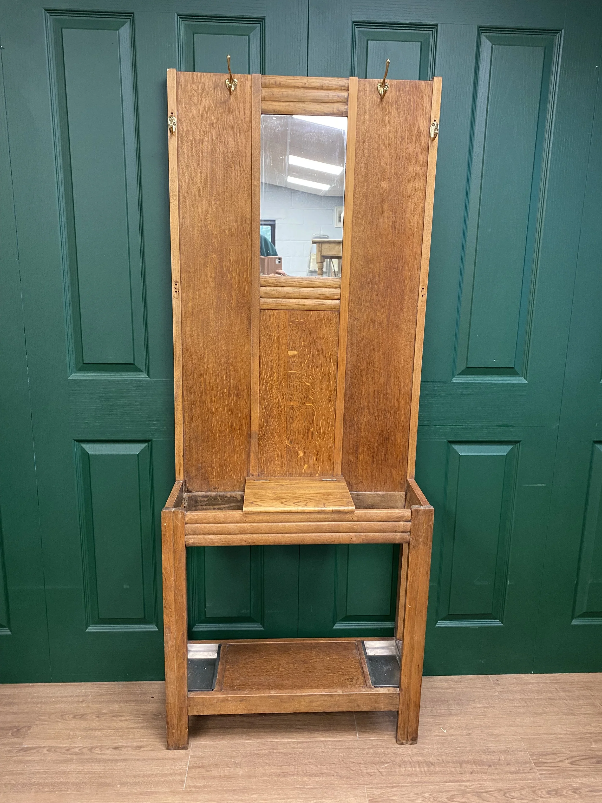 Vintage 1930s Oak Mirrored Hall Stand Coat Rack Umbrella Stand