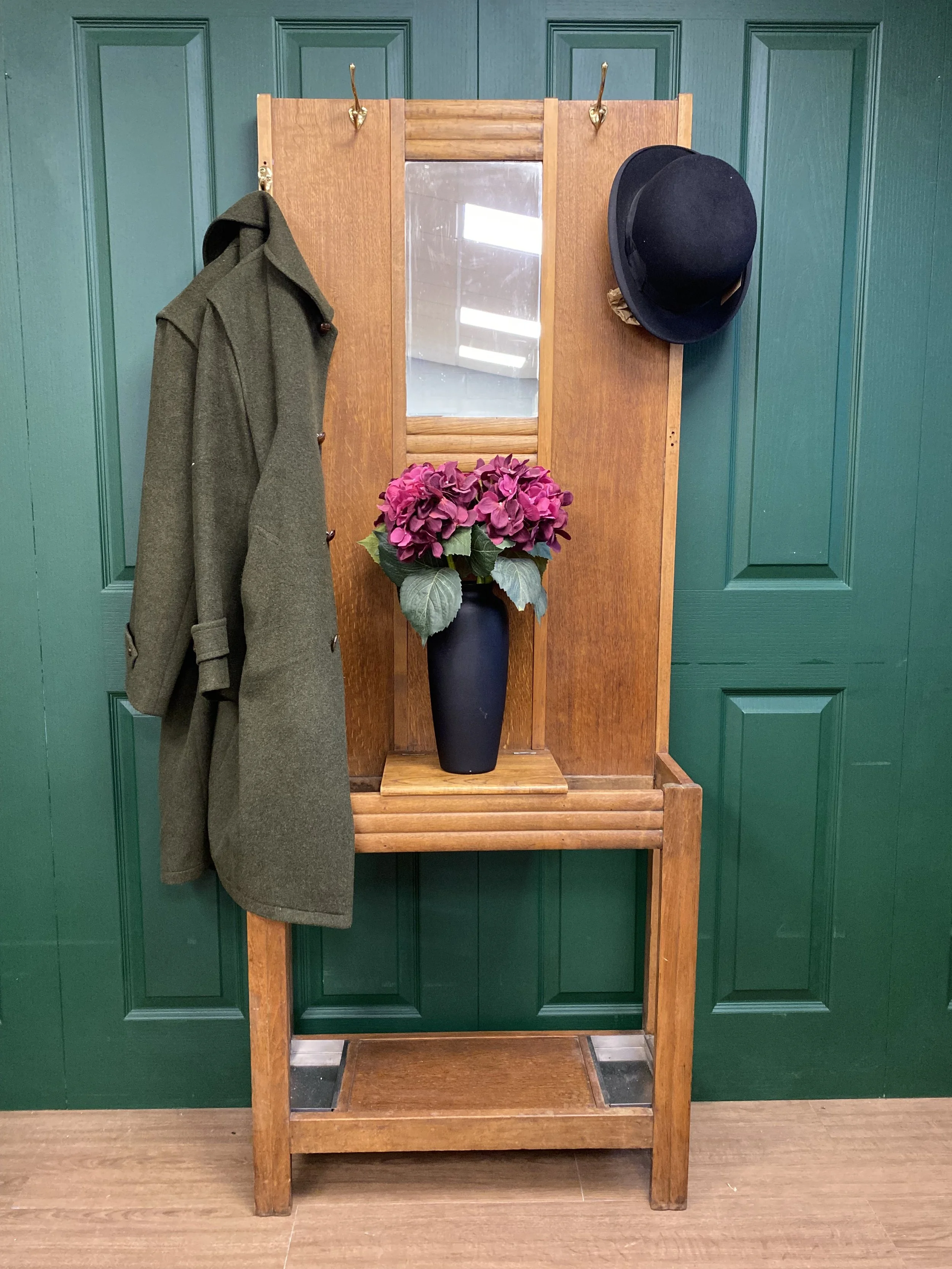 Vintage 1930s Oak Mirrored Hall Stand Coat Rack Umbrella Stand