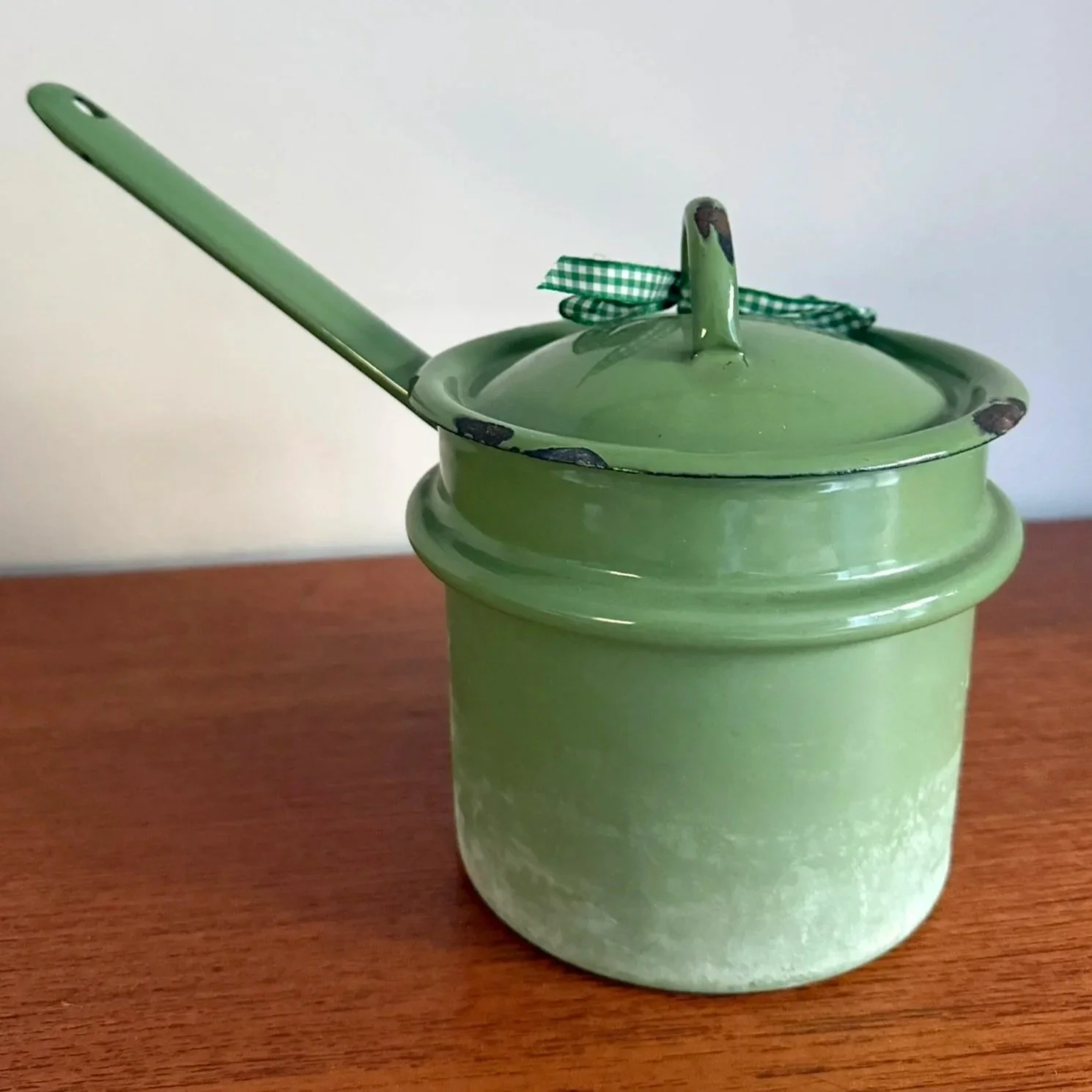Vintage mid century rustic green enamel lidded saucepan