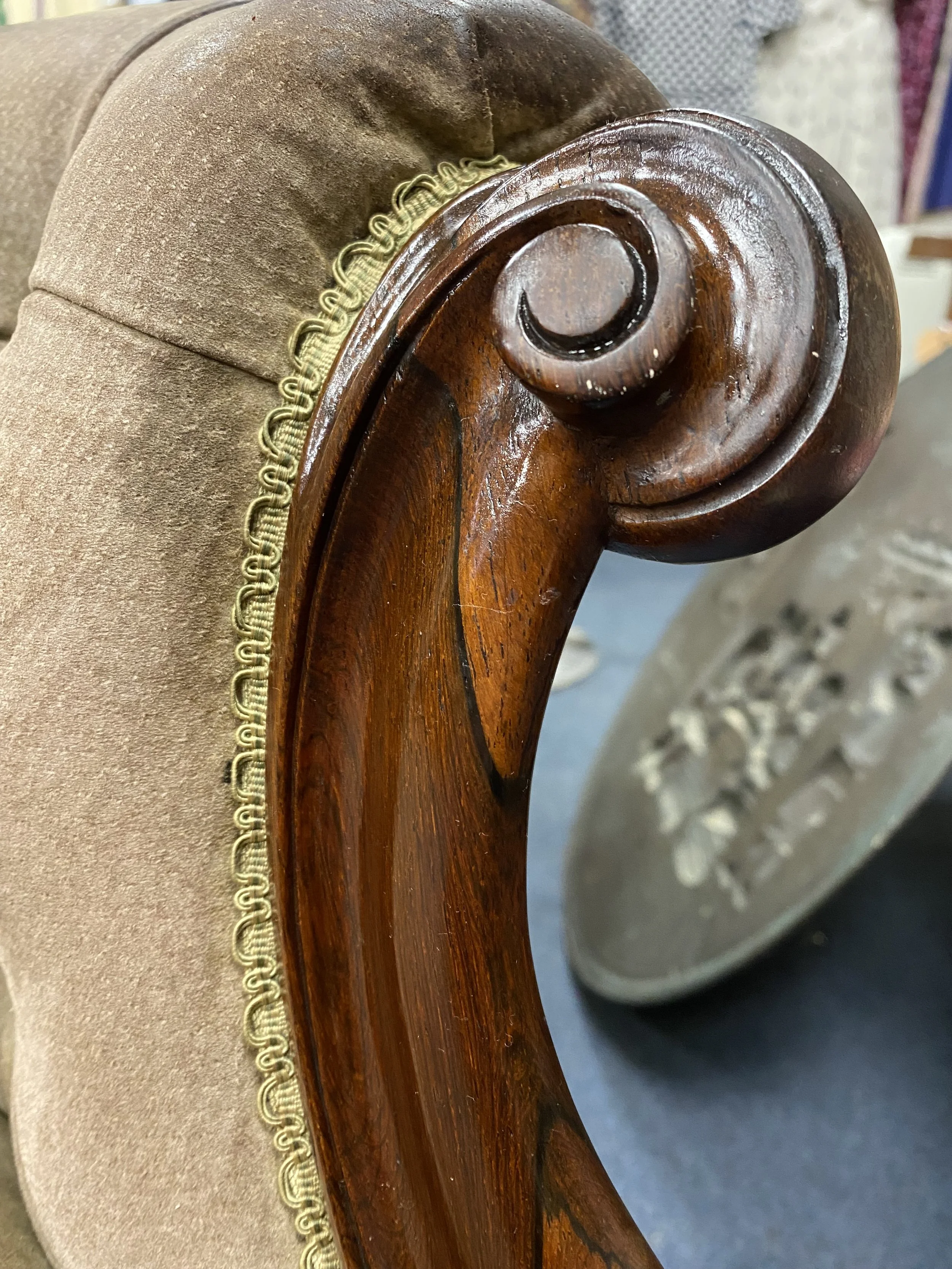 Antique 19th Century Victorian Ornate Carved Solid Walnut Framed Button Back Armchair, For Reupholstering
