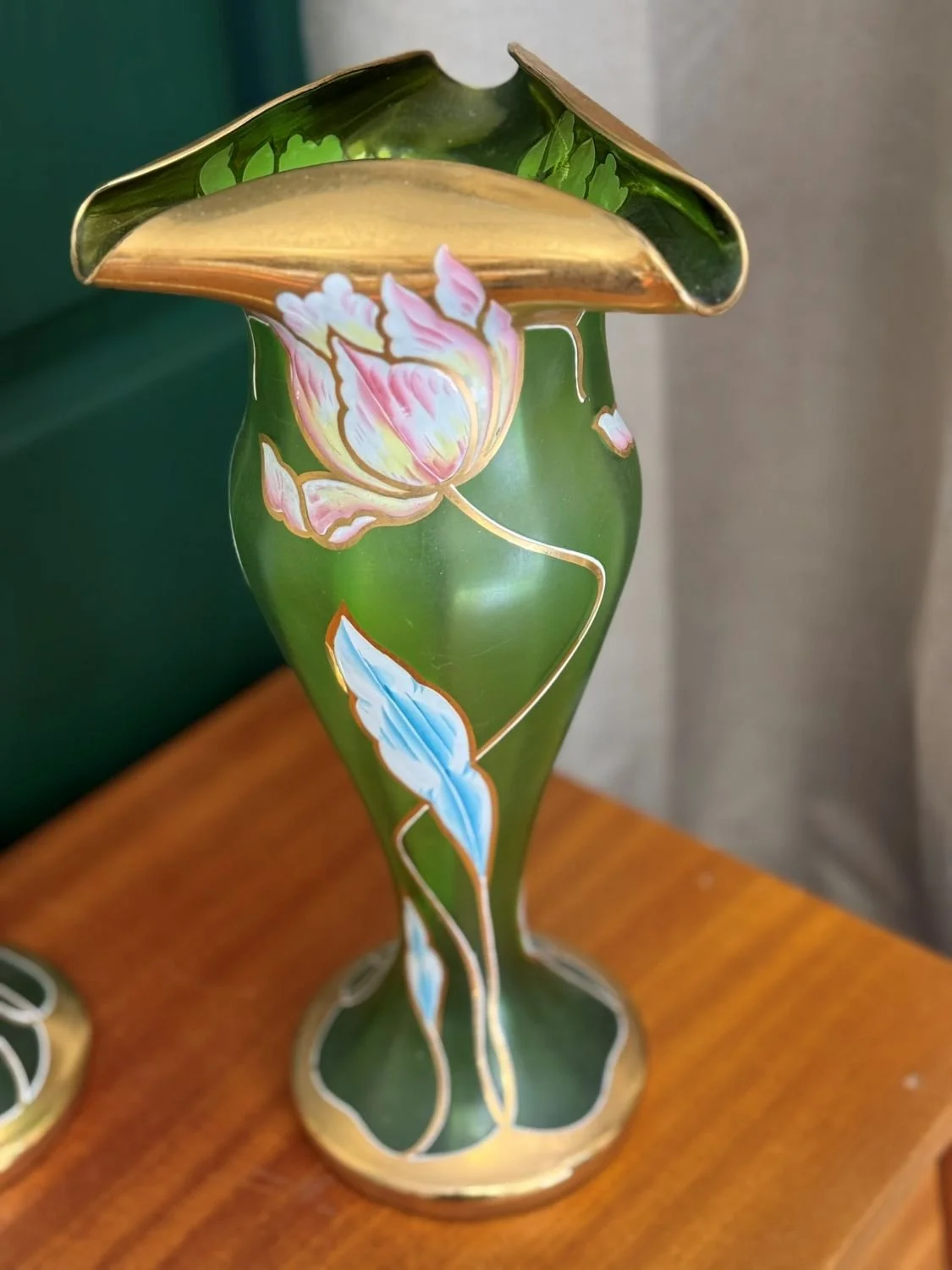 Pair Of Antique Art Deco Mont Joye Tulip Vases Green Gold