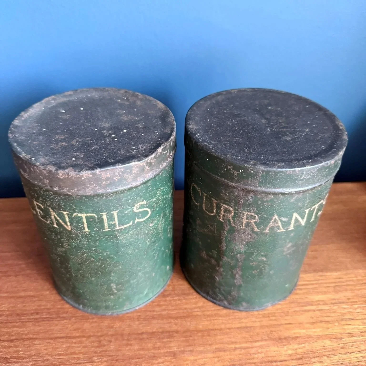 Vintage 1940s storage jars metal containers currants and lentils