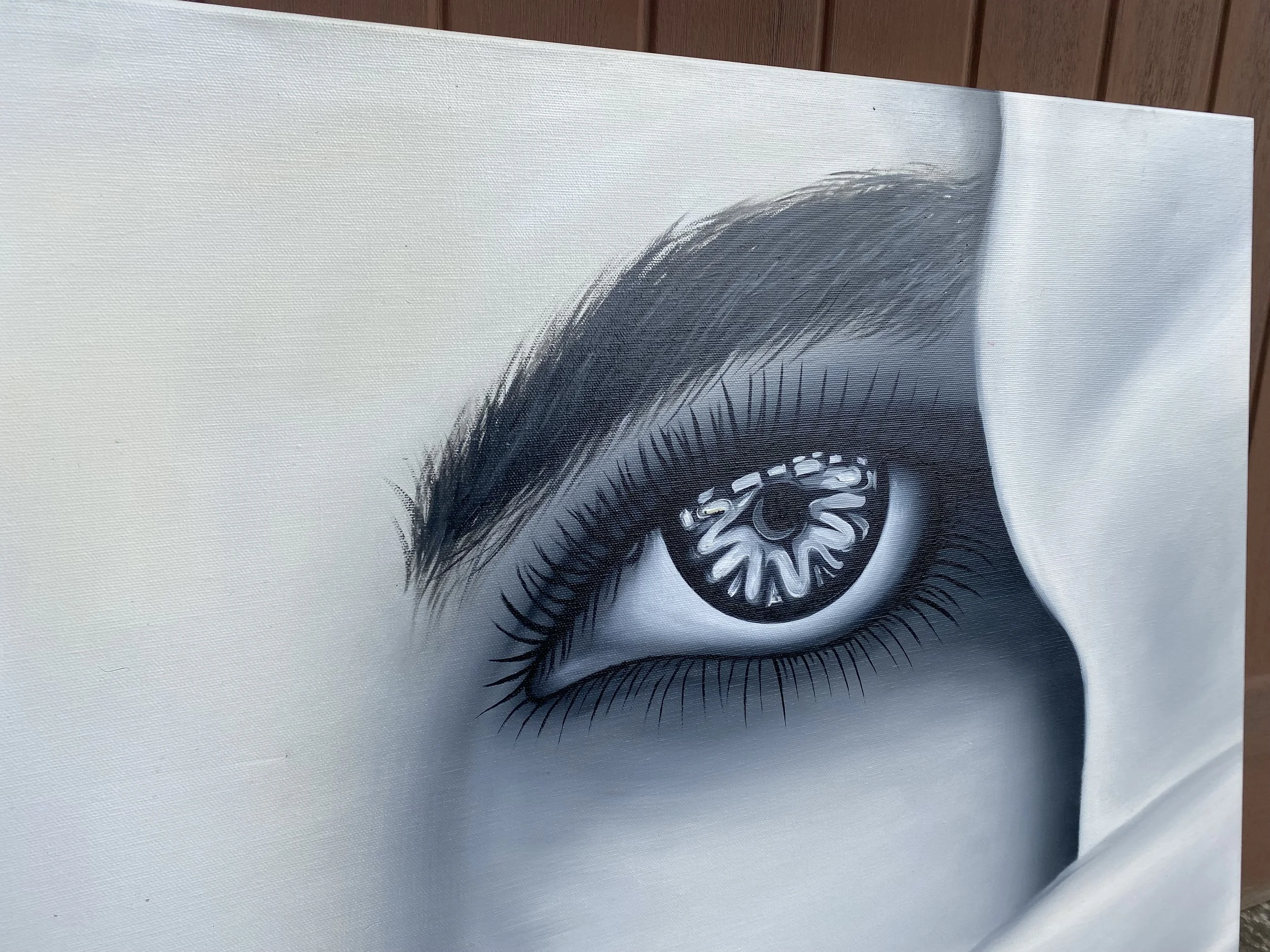 Thai Original Oil Painting, Eyes, Grey, 46" x 23"