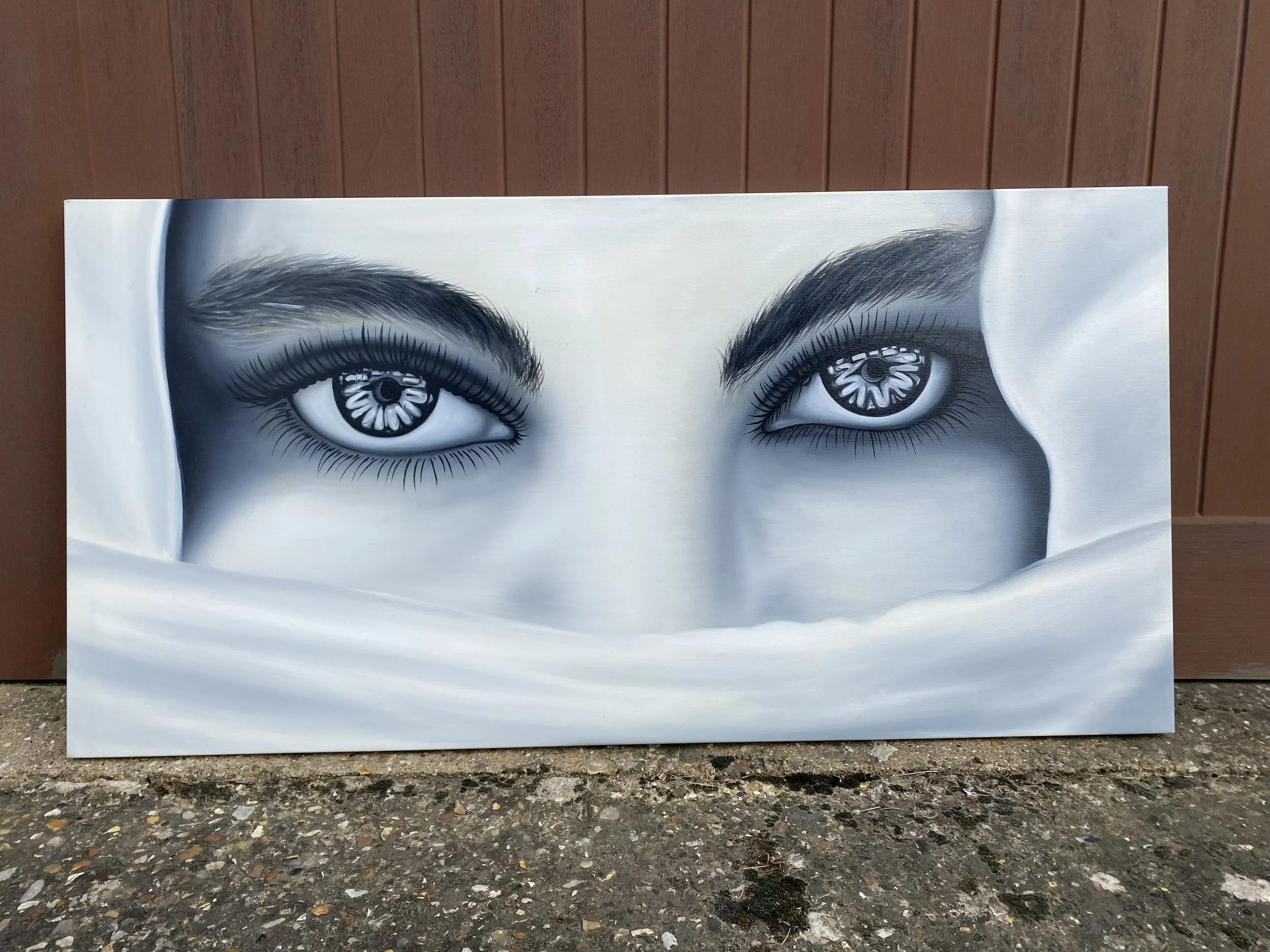 Thai Original Oil Painting, Eyes, Grey, 46" x 23"